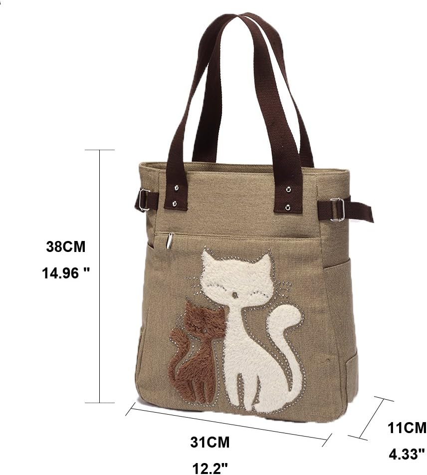 KAUKKO Women Canvas Handbag Shoulder Bag Cat Big Tote Bag(093-KHAKI)