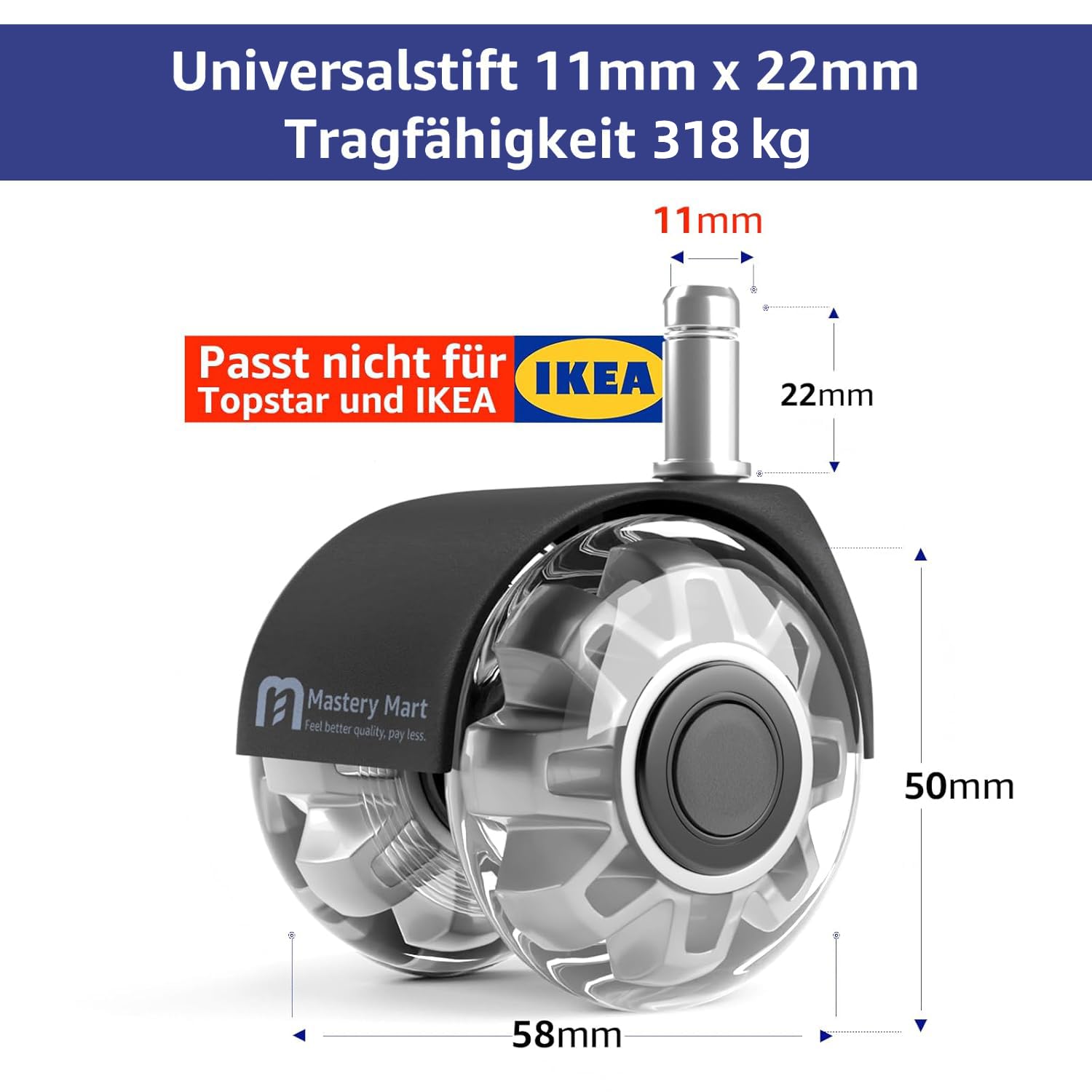Mastery Mart Ruote per Sedia da Ufficio 11mm, Ruote in Gomma Silenziose Proteggono i Pavimenti Duri da Graffi e Danni, Mai Più Tappetini Protettivi, Set di 5 Ruote per Sedie da Ufficio (Grigio, NON