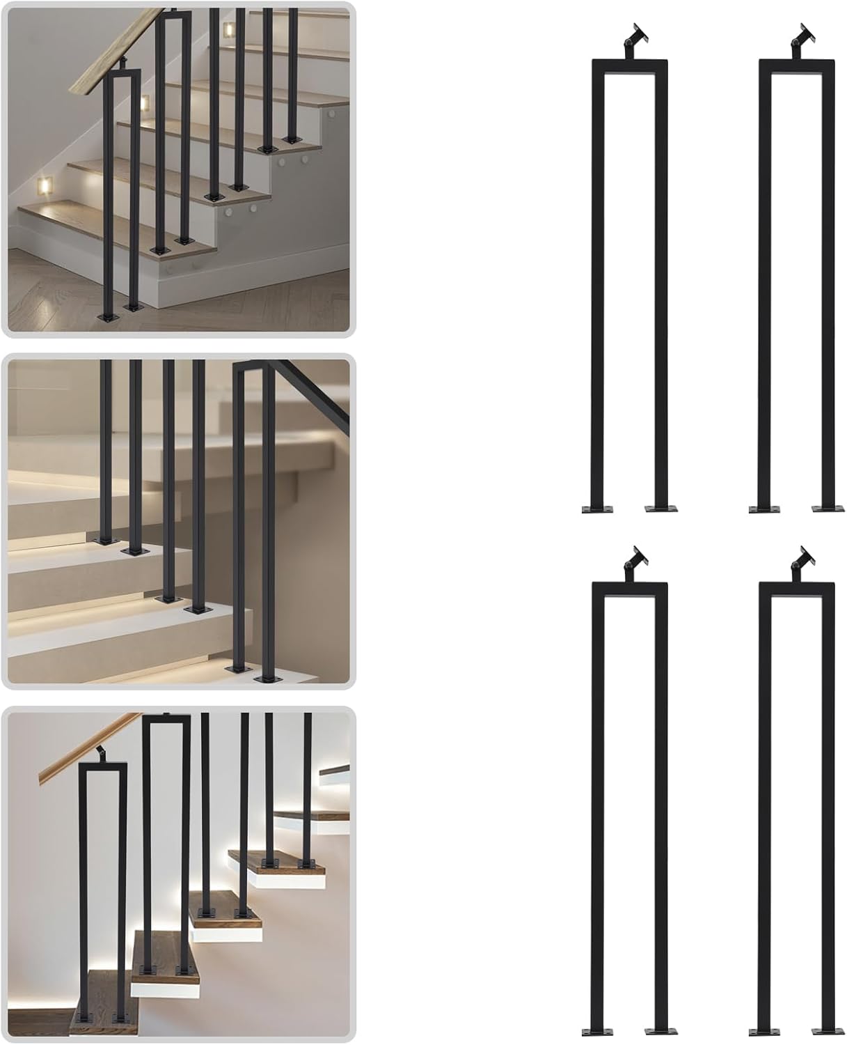 4 Pack U Shape 36" Stair Balusters with Adjustable Top Bracket for Staircase Interior, Side Mount Iron Baluster Metal Stair Railing Post for Porch Deck Railing Stair Handrail Indoor Outdoor Steps