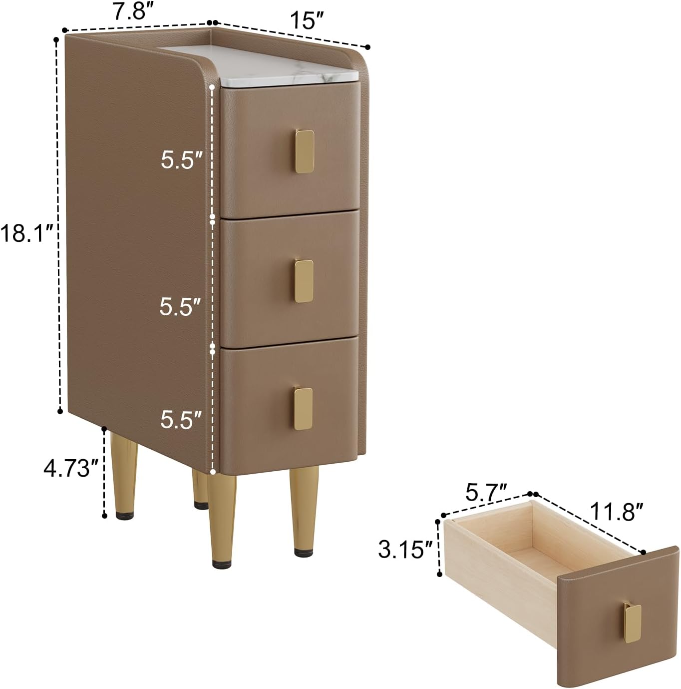 AQIMUELE Narrow Nightstand with Drawers, Narrow Side Table Leather, Small Bedside Tables for Bedroom. (Beige)