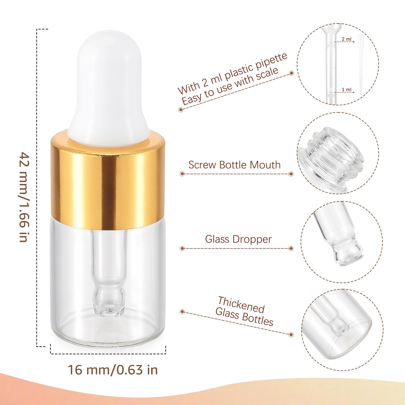 Kesell Confezione da 100 mini bottiglie contagocce in vetro trasparente da 2 ml, con contagocce, per oli essenziali, da viaggio, con 5 contagocce in plastica, contenitori con coperchio (oro)