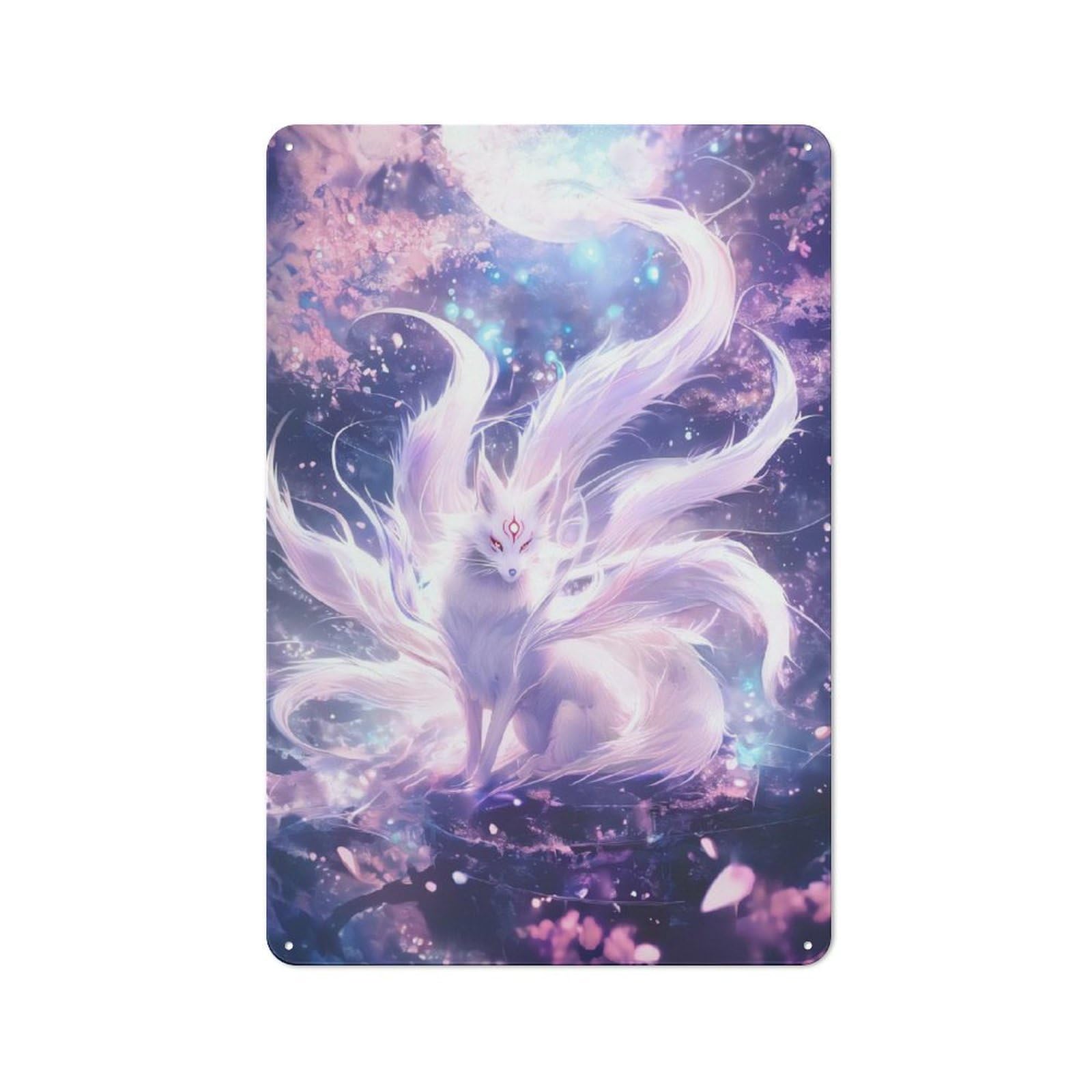 Nine-Tailed Fox in Cherry Blossom Scene Workshop Style Metal Wall Decor 30x20cm, Decorative Metal Plaque for Garage, Hobby Room, Office Or Man Cave
