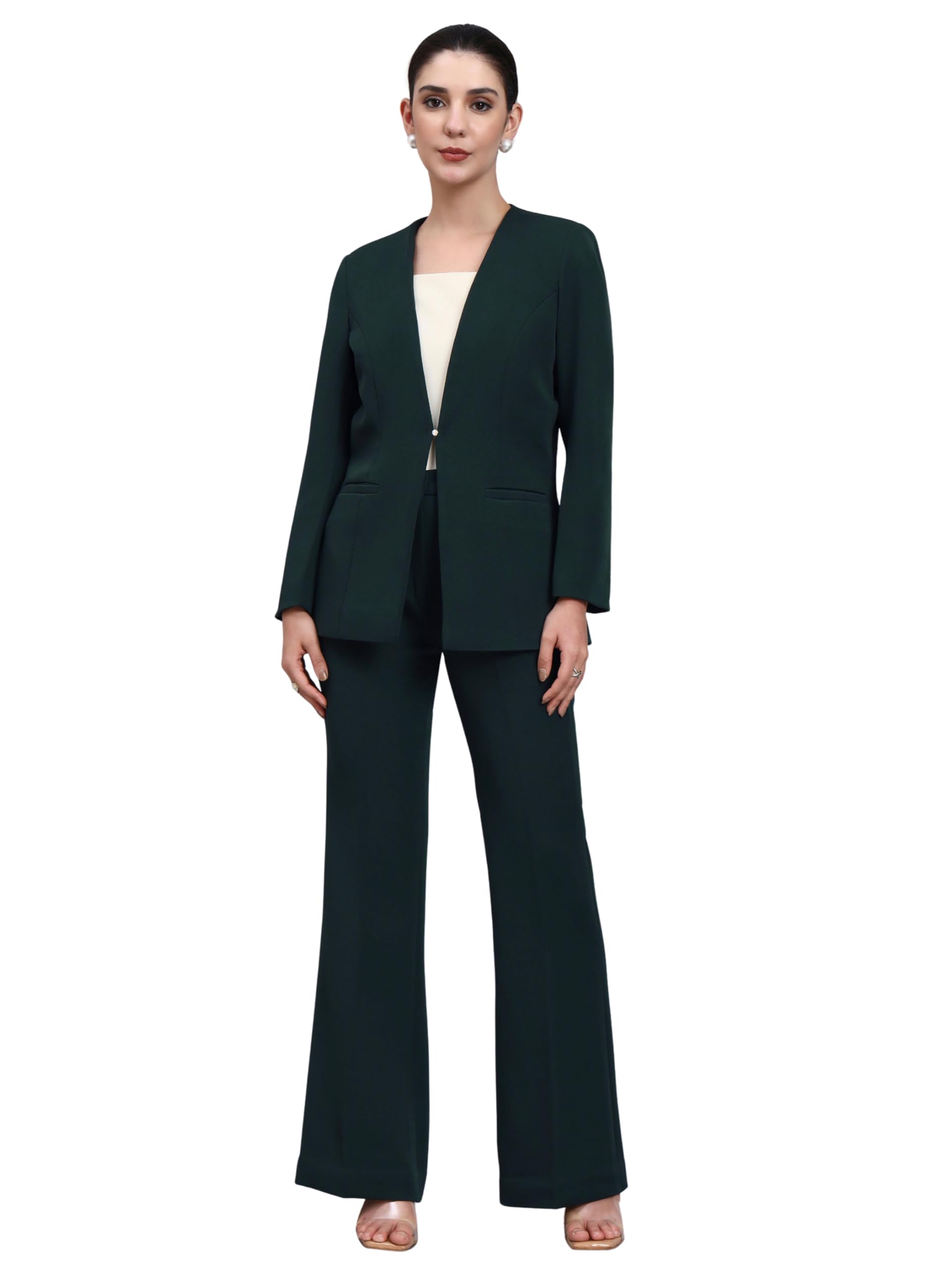 powersutra Bottle Green Lapel-Less Tailored Blazer Set | Elegant Formal Blazer & Trousers for Women | Stylish Office Coat-picture-30