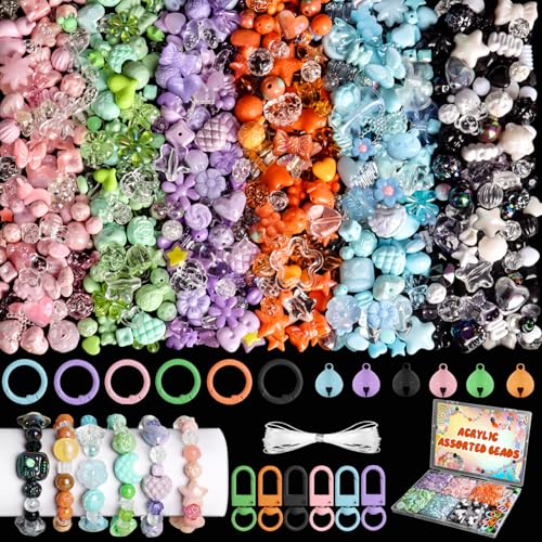 RYKOMO 600-700PCS Acrylic Beads for BraceletMaking Kit, with Bell, String, Key Rings, Clips in 6Colors Kawaii Aesthetic Cute Beads for JewelryMaking, Keychains, Phone Charms, DIY Crafts