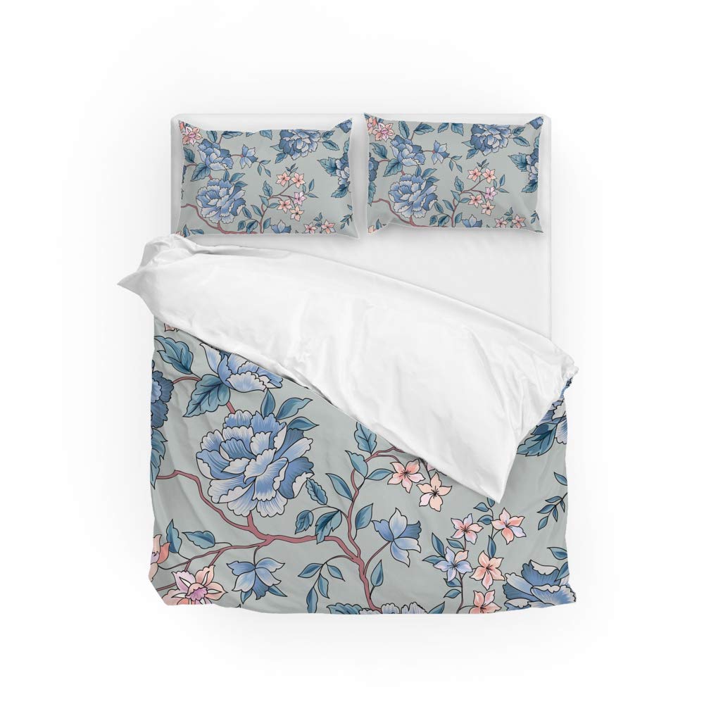 Housse de couette fleurs bleues et 2 taies d'oreiller pour lit jumeau