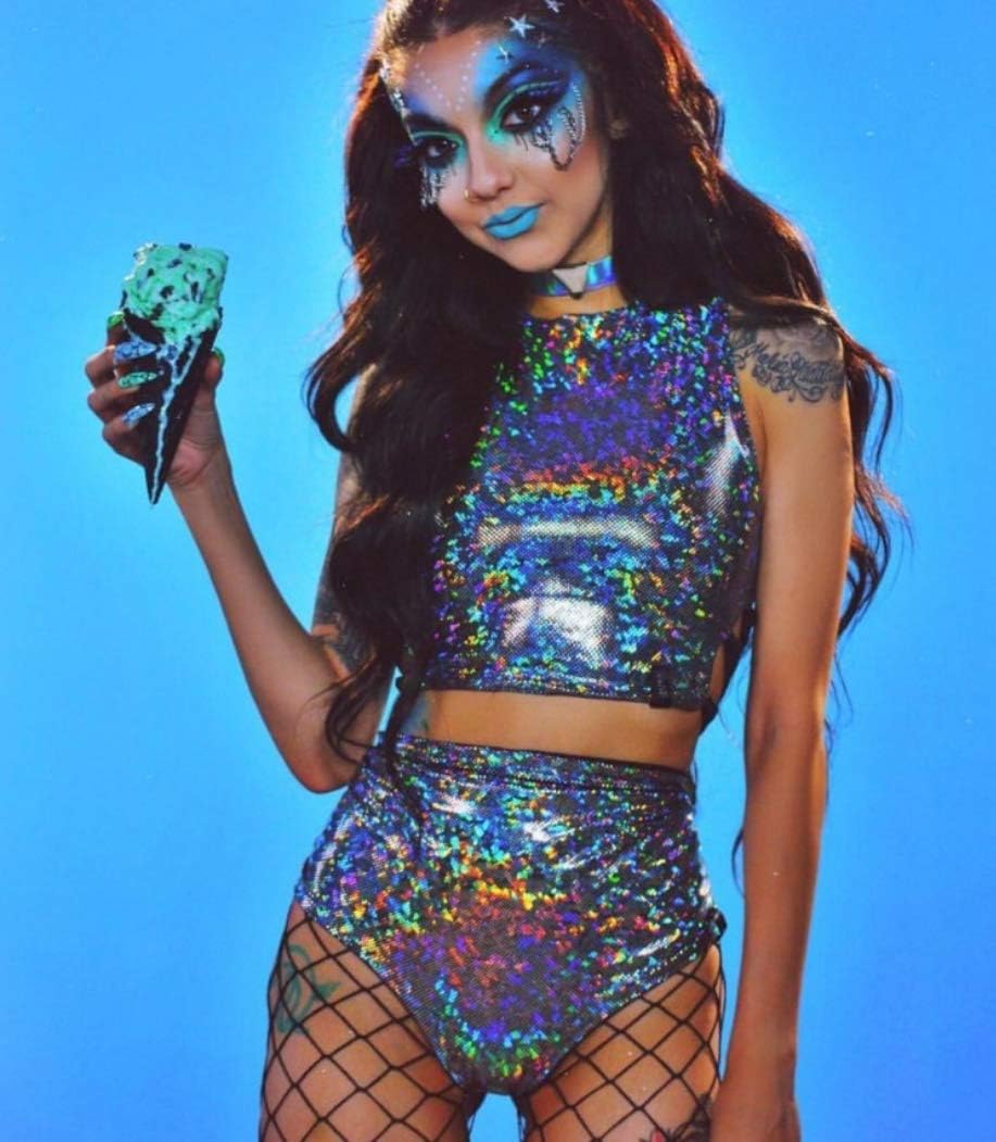 Rave Outfit de 2 Piezas para Mujer, Shiny Festival Crop Top y botín Shorts  Bottoms Metallic Holographic Rainbow Outfits,L : Amazon.es: Ropa