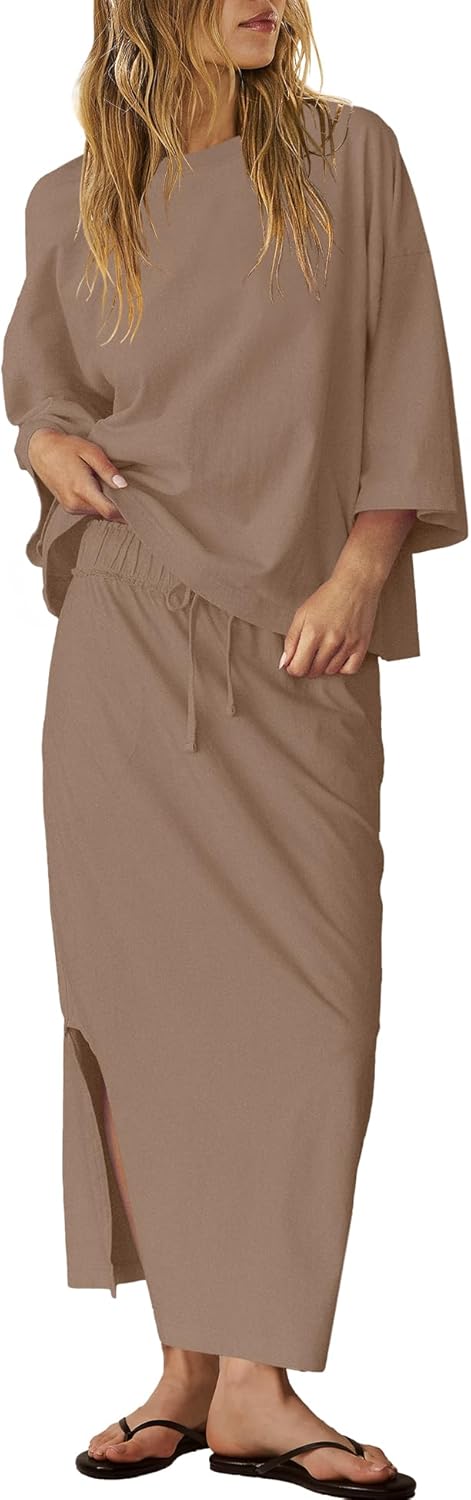 LAMISSCHE Skirt Sets Women 2 Piece Outfits Casual Lounge Set Back Vented Tops and Maxi Dress with Pockets - Image 2