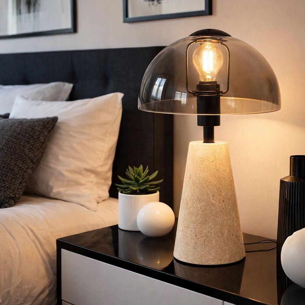 Tischlampe Travertine Stein grau Nachttischlampe Rauchglas Pilz Tischleuchte Wohnzimmerlampe, 1x E14, DxH 20 x 31 cm