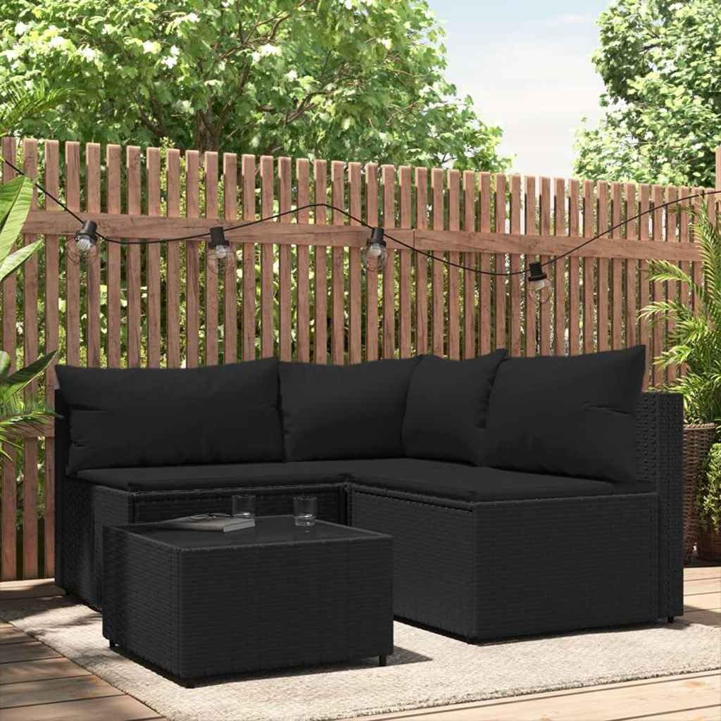 Black PE Rattan Patio Lounge Set with Adjustable Feet, 4-Piece Outdoor Sectional Sofa Set for Balcony or Patio, Modular Design with Weather-Resistant Fabric and Comfortable