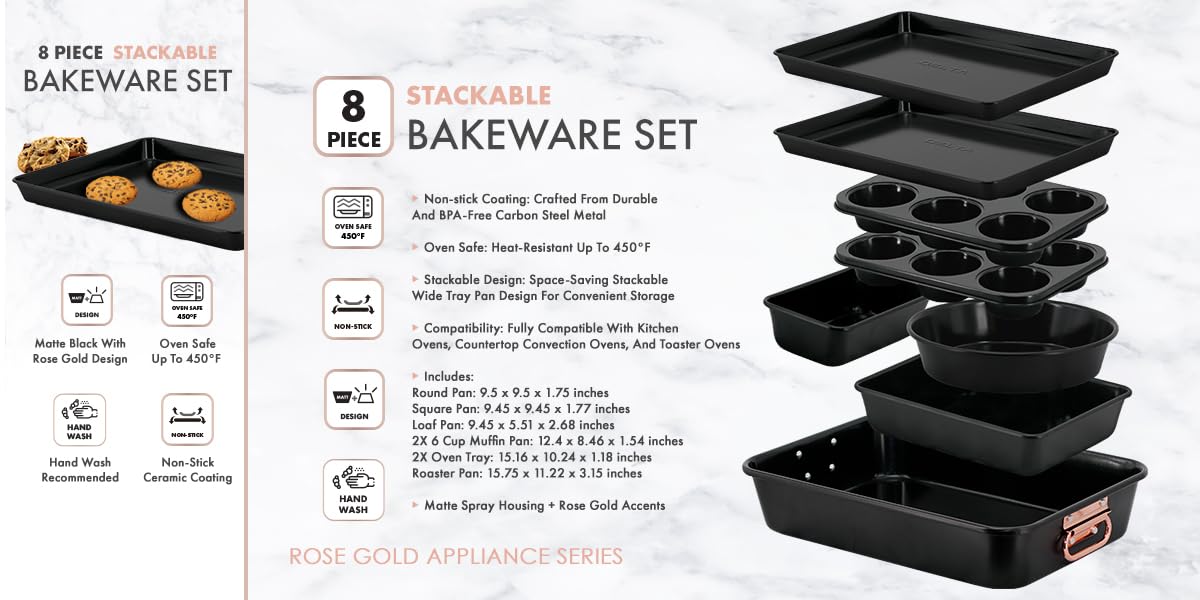 8-teiliges stapelbares Backformen-Set, Antihaft-Keramikbeschichtung, ofenfest bis 230 °C, BPA-frei, inklusive 2 Muffinformen, Kastenform, Bräter, runde und quadratische Pfannen,