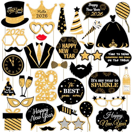 36 Pcs 2026 New Year Photo Booth Props Happy New Years Eve Party Supplies 2026 Black Gold Eve Photo Booth Props Decoration for 2026 Party Supplies