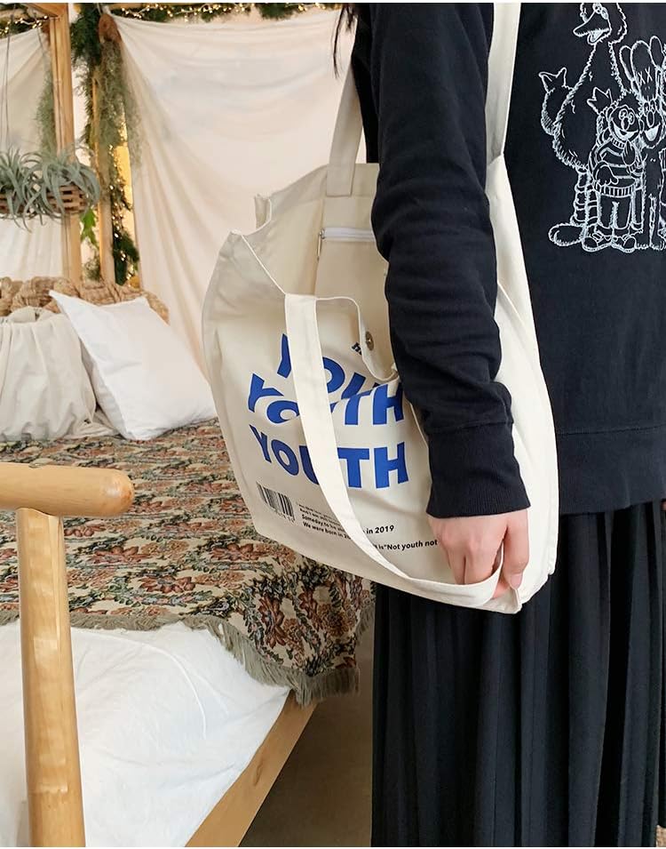 [ザボンチー] かわいいキャンバスバッグ トートバッグ 大容量 肩掛けバッグ 通学 出掛けバッグ ファスナー/ボタン付き