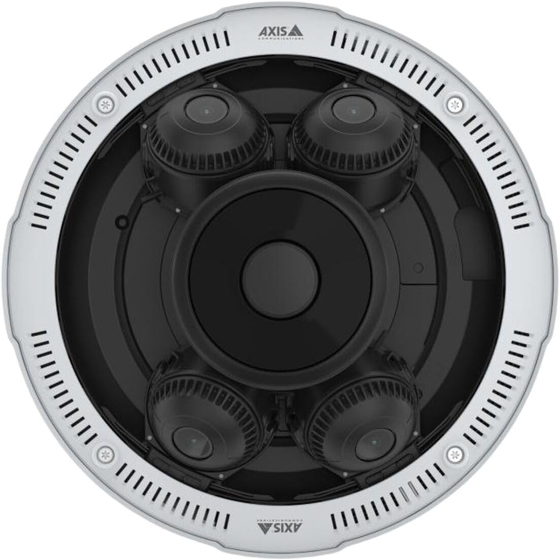 ટોપ-ડાઉન view AXIS P3737-PLE ચાર એડજસ્ટેબલ કેમેરા સેન્સર દર્શાવે છે