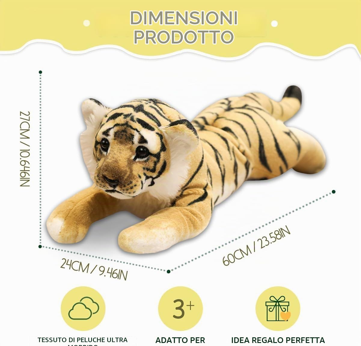 Grande Peluche Tigre 60CM, Giallo, Morbido Tigre Giocattolo | Carino peluche tigre, realistico & morbido, regalo di compleanno per ragazzi, ragazze, bambini, decorazione degli interni