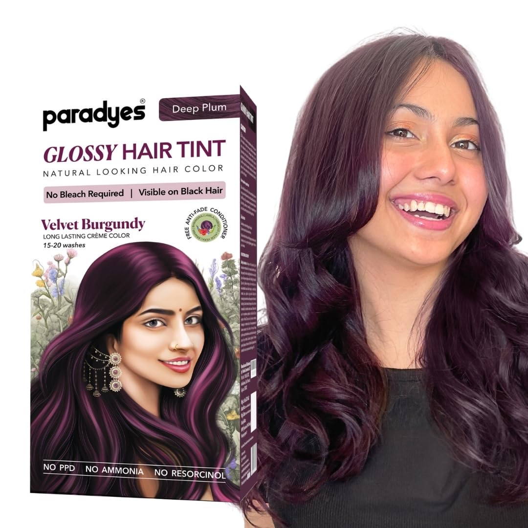 Paradyes No Bleach Velvet Burgundy Glossy Hair Tint - Ammonia-Free for Natural Black Hair, Includes Anti-Fade Conditioner for Long-Lasting Shine, 1 Count