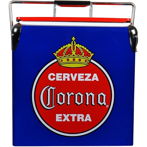 Corona Retro Ice Chest Cooler with Bottle Opener 13L (14 qt), 18 Can Capacity, Blue and Red, Vintage Style Ice Bucket for Camping, Beach, Picnic, RV, BBQs, Tailgating, Fishing