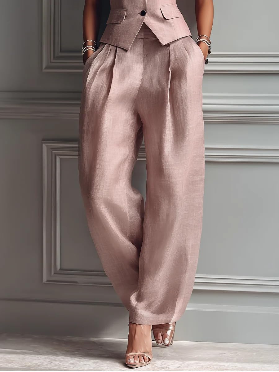 THLAI Womens 2 Piece Outfits Linen Blend Lapel Sleeveless Button Vest & High Waist Casual Pants Set Elegant Office Wear