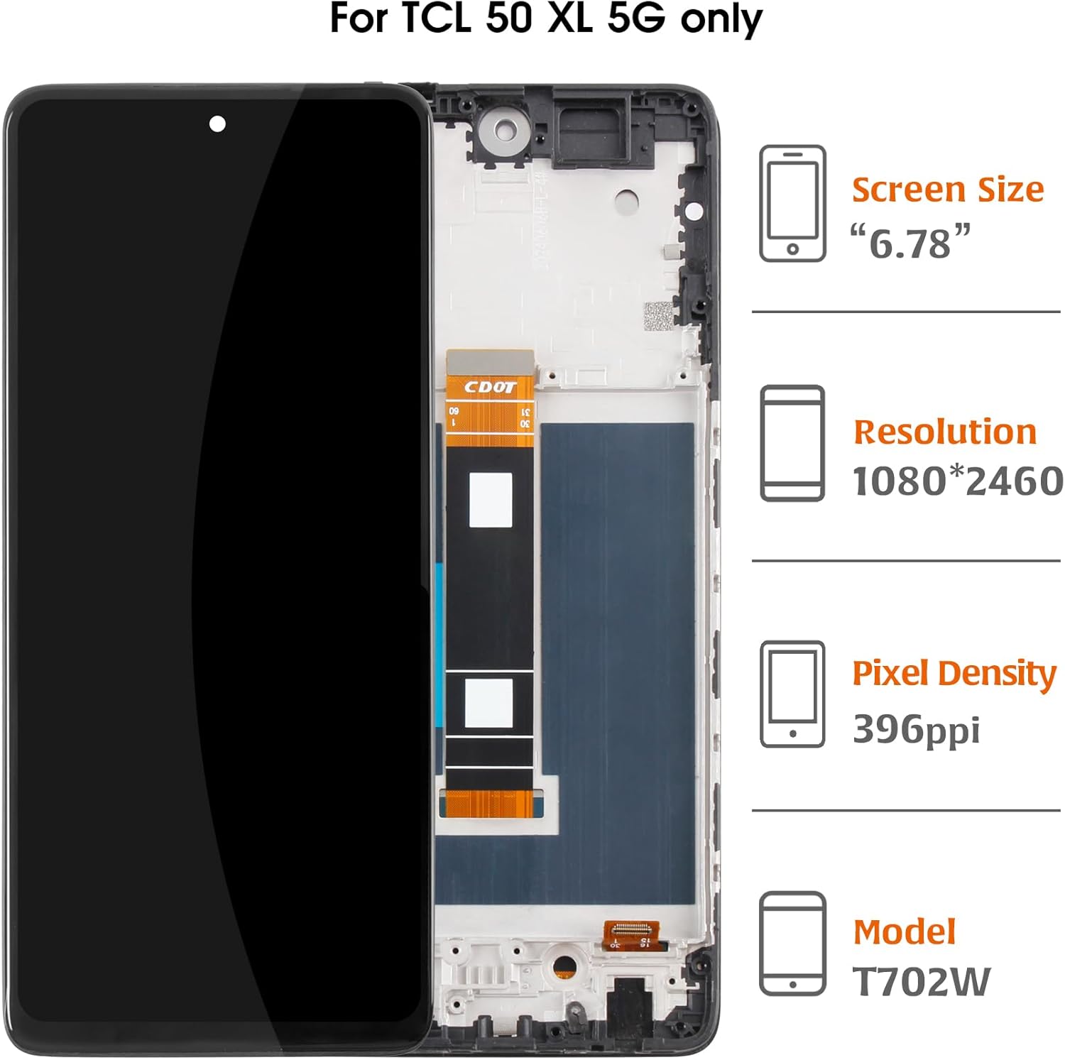 Original for TCL 50 XL 6.78" +Frame LCD Screen Replacement 50XL 5G T702W LCD Display Touch Digitizer Screen Assembly with Repair Tools