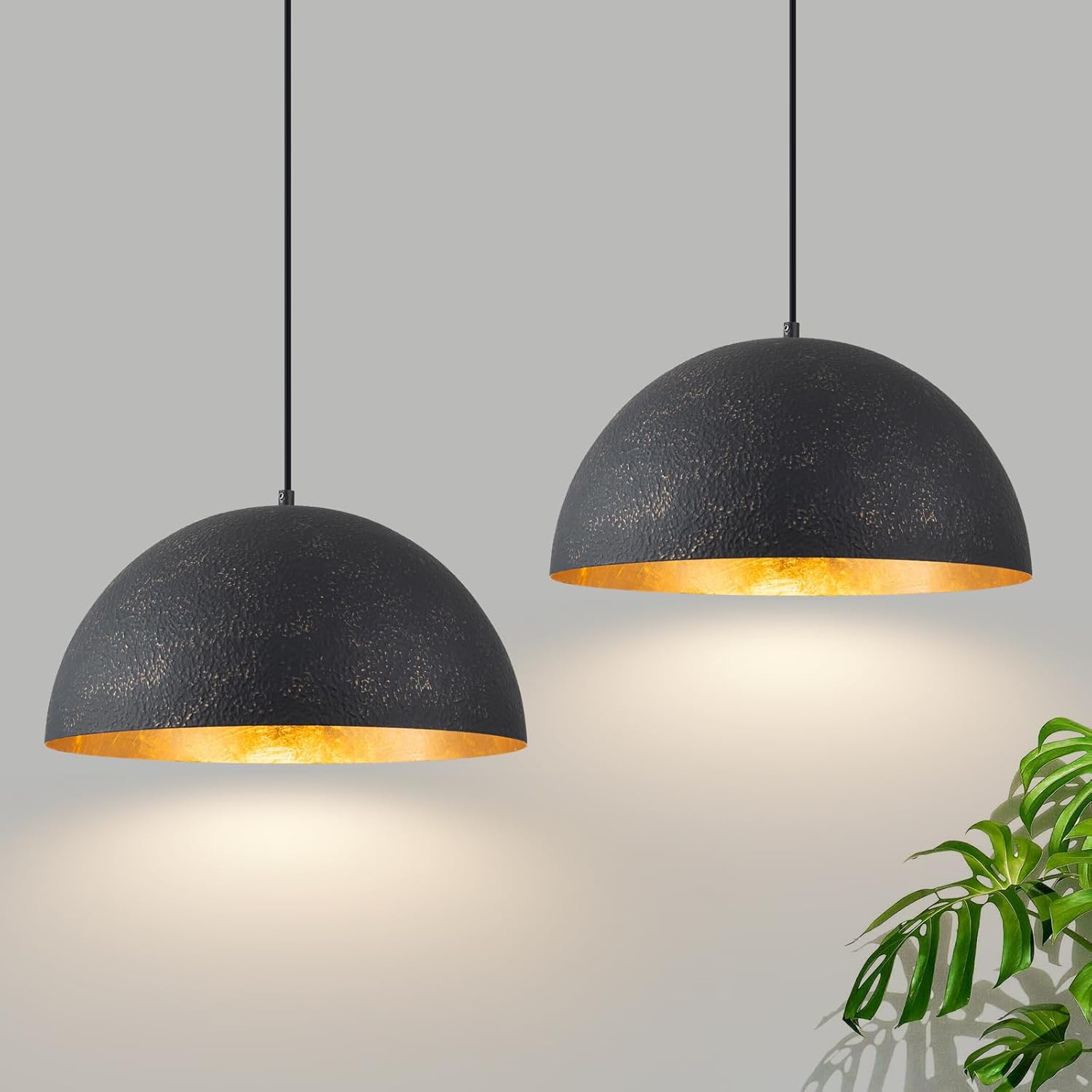 15.7" Farmhouse Pendant Light,Black with Gold Grain Industrial Large Dome Light Fixture,Adjustable Vintage Chandelier for Kitchen Island,Dining Room,and Bedroom