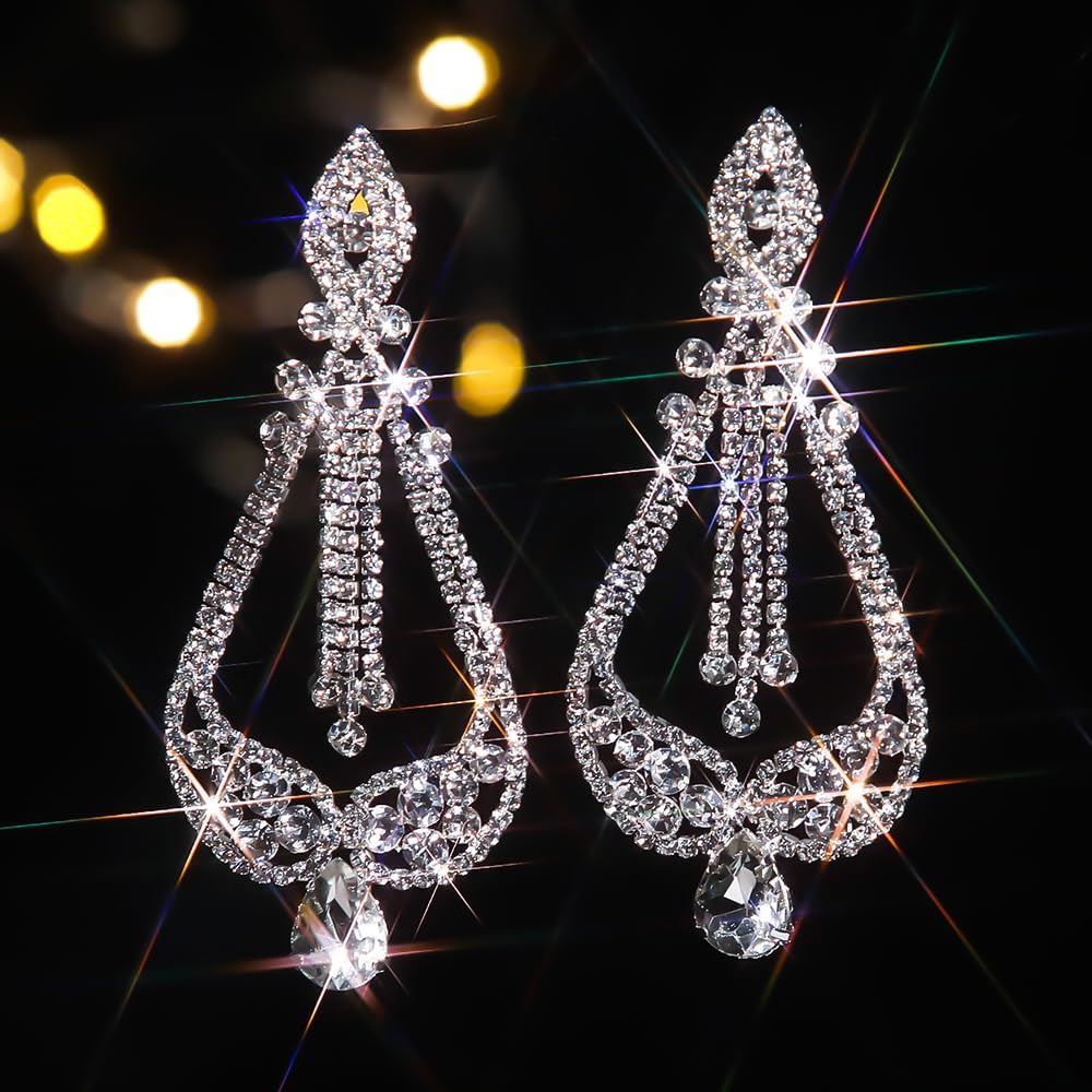 Octwine Women Silver Rhinestone Tassel Long Earrings Sparkly Rhinestone Chandelier Dangle Drop Earrings Bridal Wedding Silver Rhinestone Earrings Teardrop Dangle Earrings for Women - Image 2