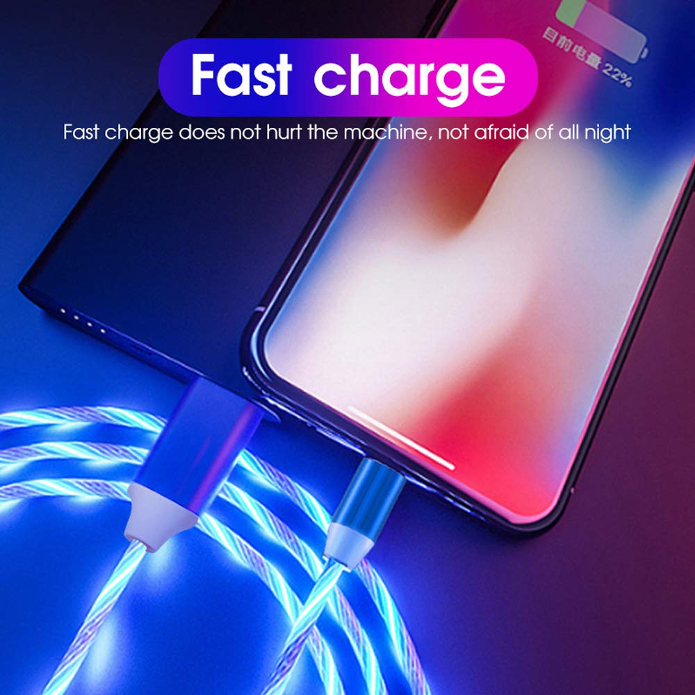 Streamer - Cable de carga magnético LED, cable de carga rápida de 3 A con rotación de 360° y 3 adaptadores (micro USB/i-Products/tipo C) compatible con todos los teléfonos inteligentes (6 pies-2 m)