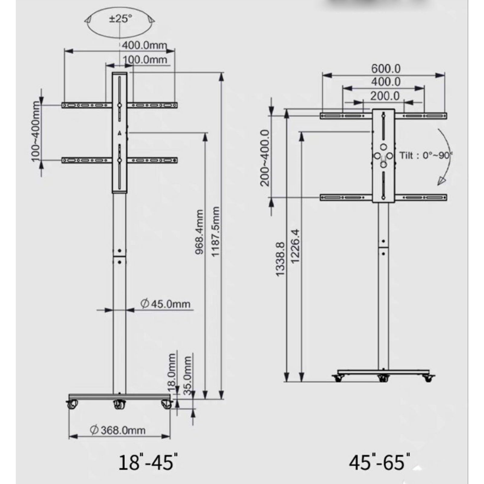 Carrello porta TV mobile con ruote - Supporto da pavimento per TV con luce - Supporto da pavimento portatile per TV, supporto da pavimento per TV LCD, supporto gire,18-45in tv