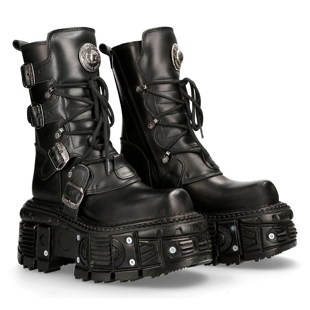 NEW ROCK TANK373-S1 Stivali Unisex con Piattaforma in Pelle Nera Stile Motociclista Gotico