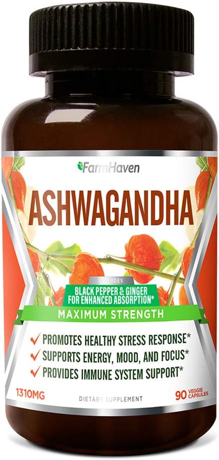 FarmHaven Ashwagandha Capsules with Ginger & Black Pepper Extract -1310mg -Organic Ashwagandha Root Powder -Anxiety Relief, Stress Relief, Mood, &Thyroid Health -Adaptogen -Non-GMO -90 Veggie Capsules