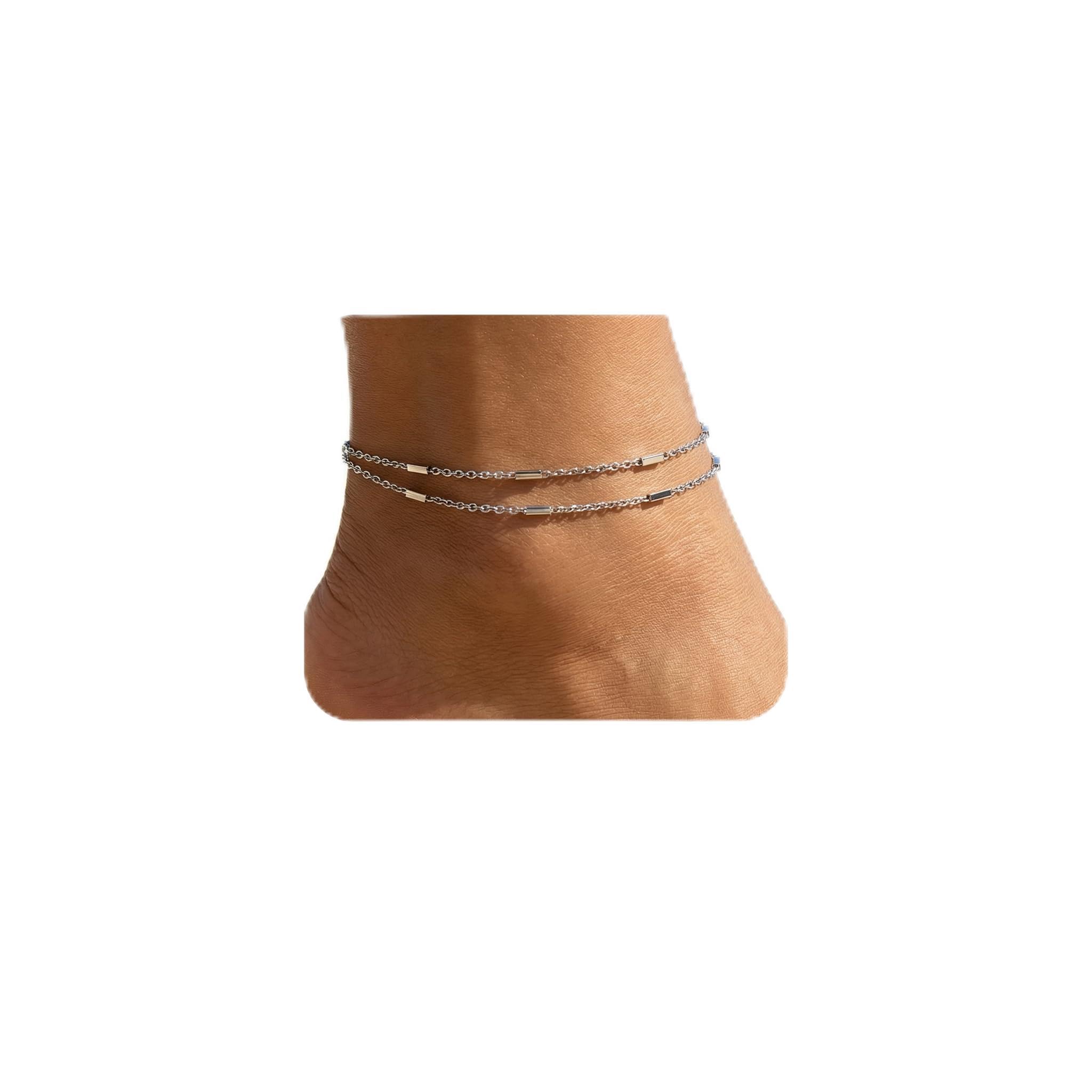 Caenyo Dainty Anklets for Women, 14K Gold Plated & Sterling Silver Plated Ankle Bracelets, Adjustable, Waterproof & Hypoallergenic Summer Beach Foot