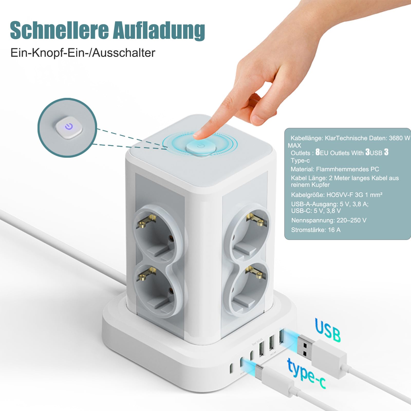 Regleta con USB 8 compartimentos, AOUOO Regleta múltiple con interruptor, 4000 W, 16 A, protección contra sobretensiones, torre de enchufe, cable alargador de 2 m para casa, oficina, cocina, cable de