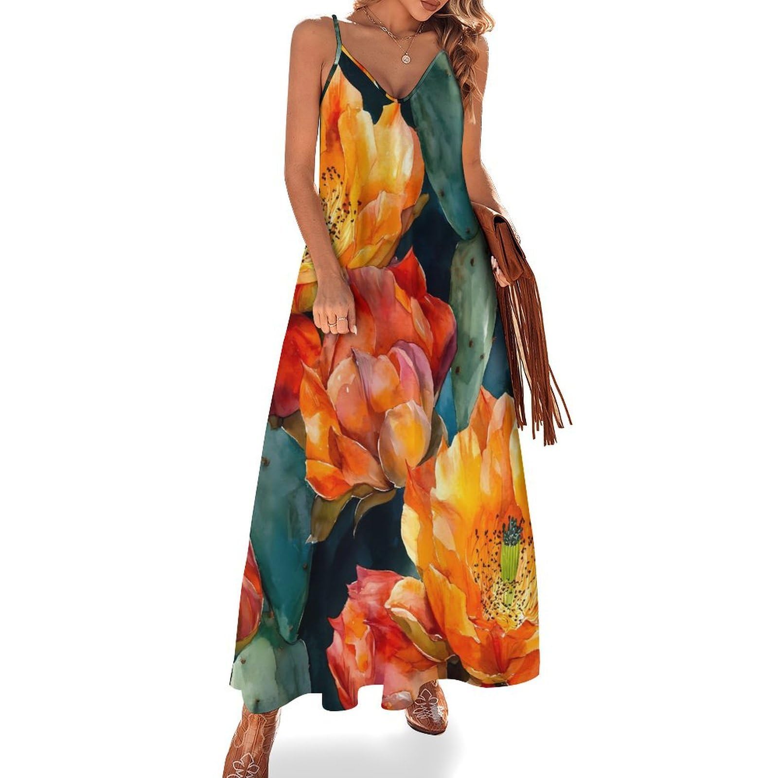 Vestido largo casual con estampado de flores de cactus naranja para mujer, con tirantes delgados ajustables, vestido de playa