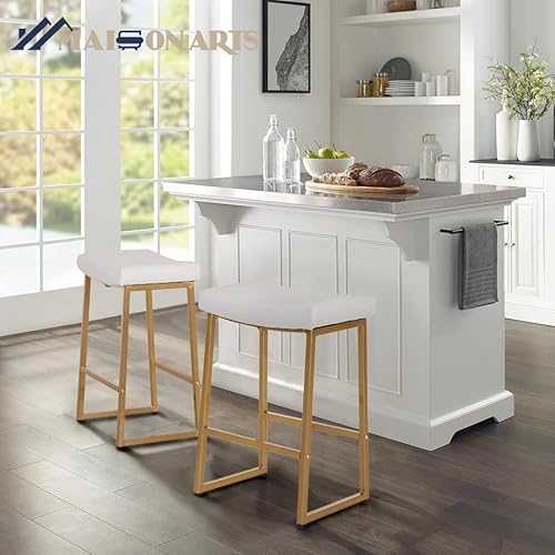 Maison Arts White & Gold Bar Stools Set Of 2 Counter Height 24 Inches Saddle Stools For Kitchen Counter Backless Modern Gold Barstools Upholstered Faux Leather Stools Farmhouse Island Chairs #TOP6