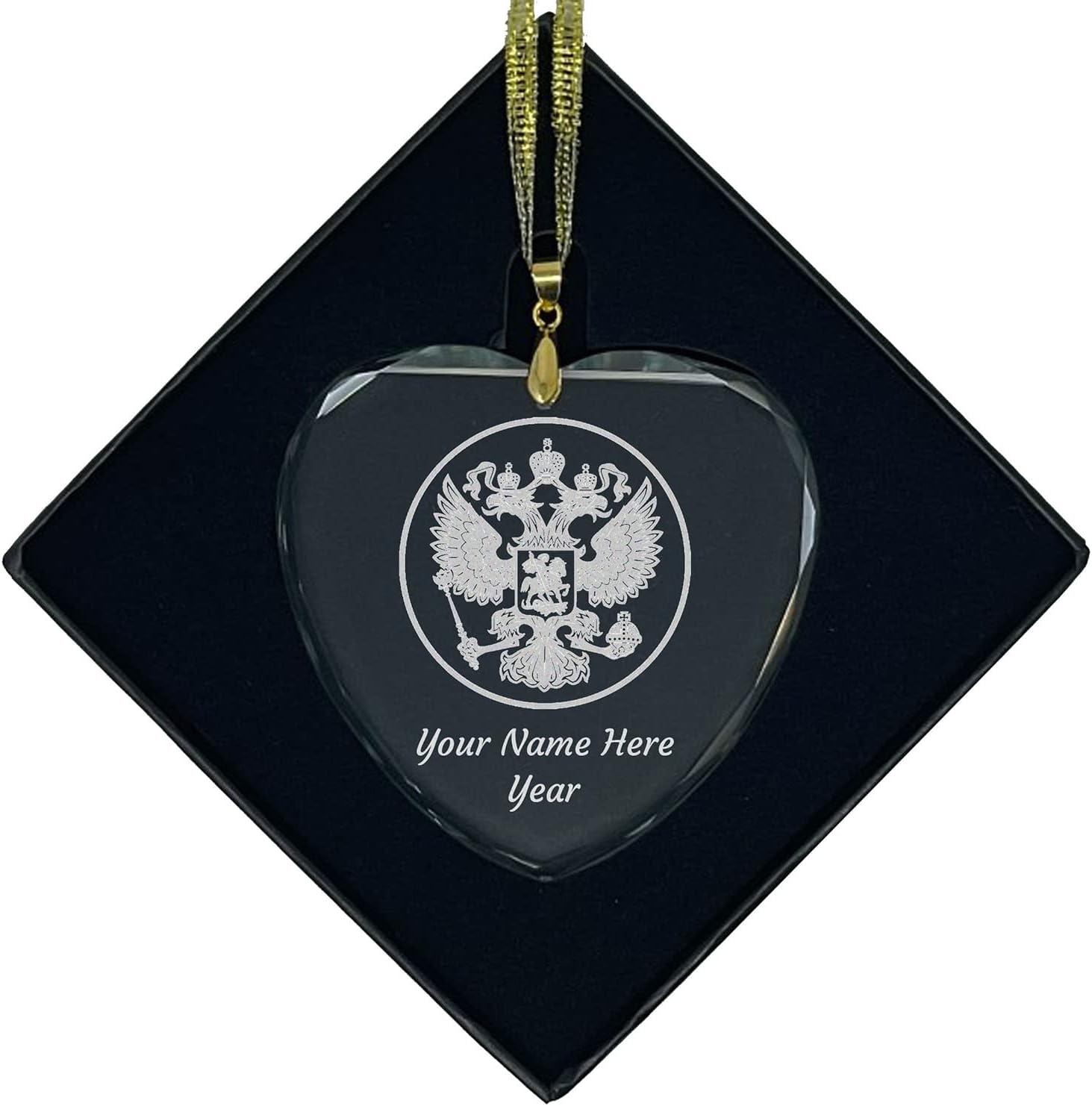 LaserGram Personalized Glass Christmas Ornament,Coat of Arms Russia, Custom Laser Engraved Gift Idea (Heart Shape)