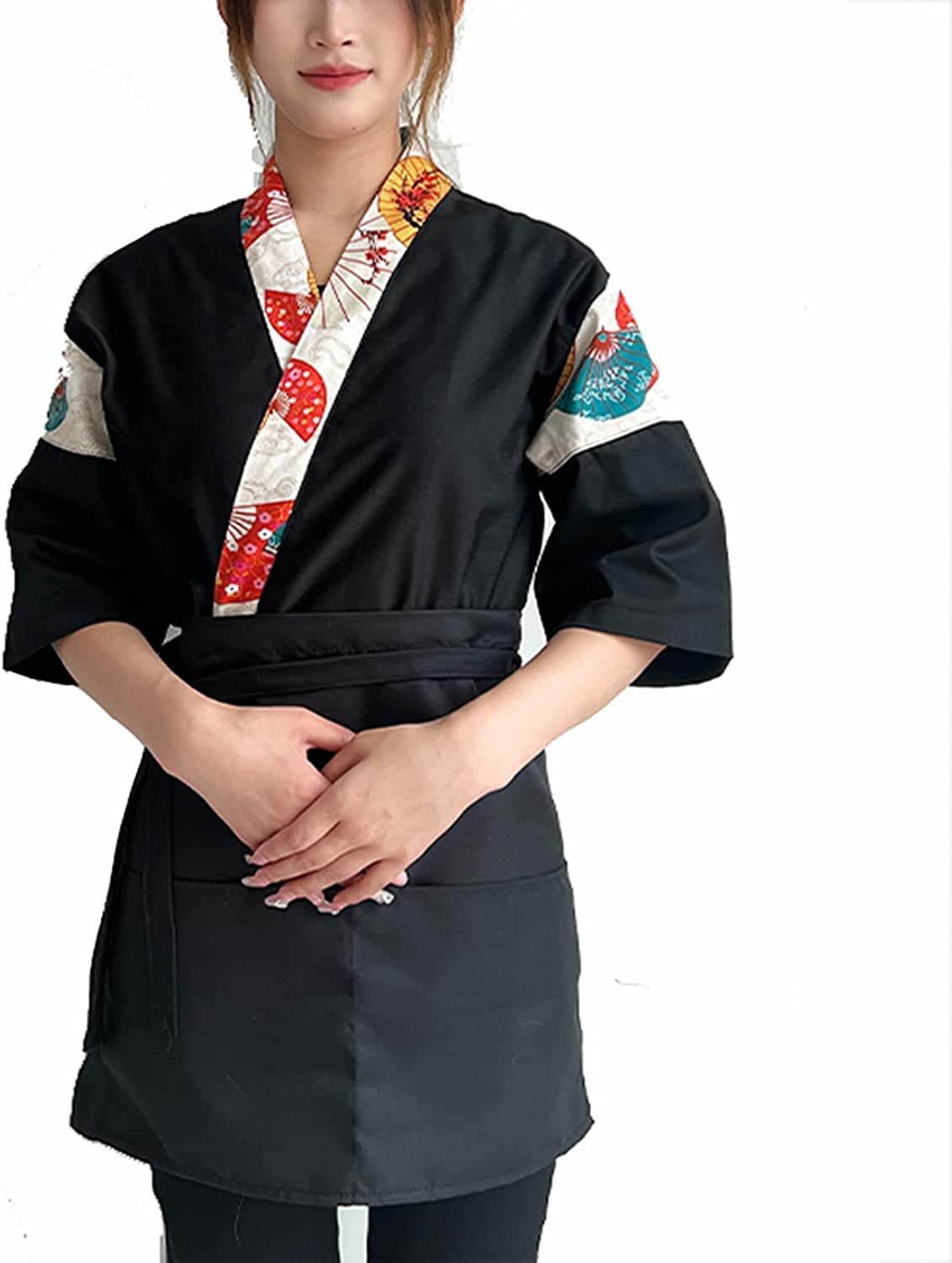 Uniformi alla Moda Summer Sushi Chef Jacket Lacing Kimono Cappotto da Cucina Professionale for Servizi di ristorazione, Catering, fornai e Cucina (Color : Black, Size : S)
