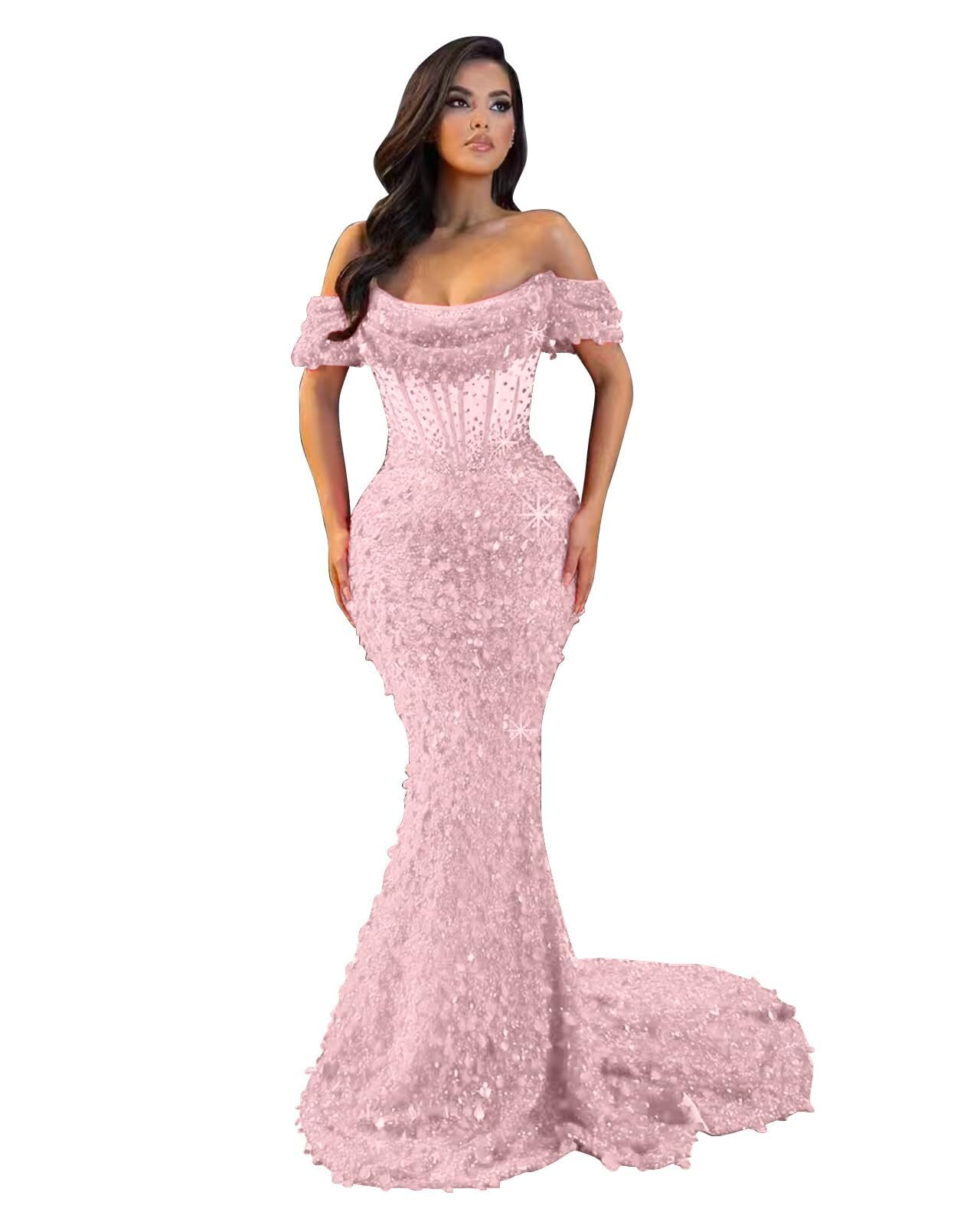 Off Shoulder Sequin Prom Dresses Long Mermaid Evening Gown Maxi Bodycon Formal Dress ILH02