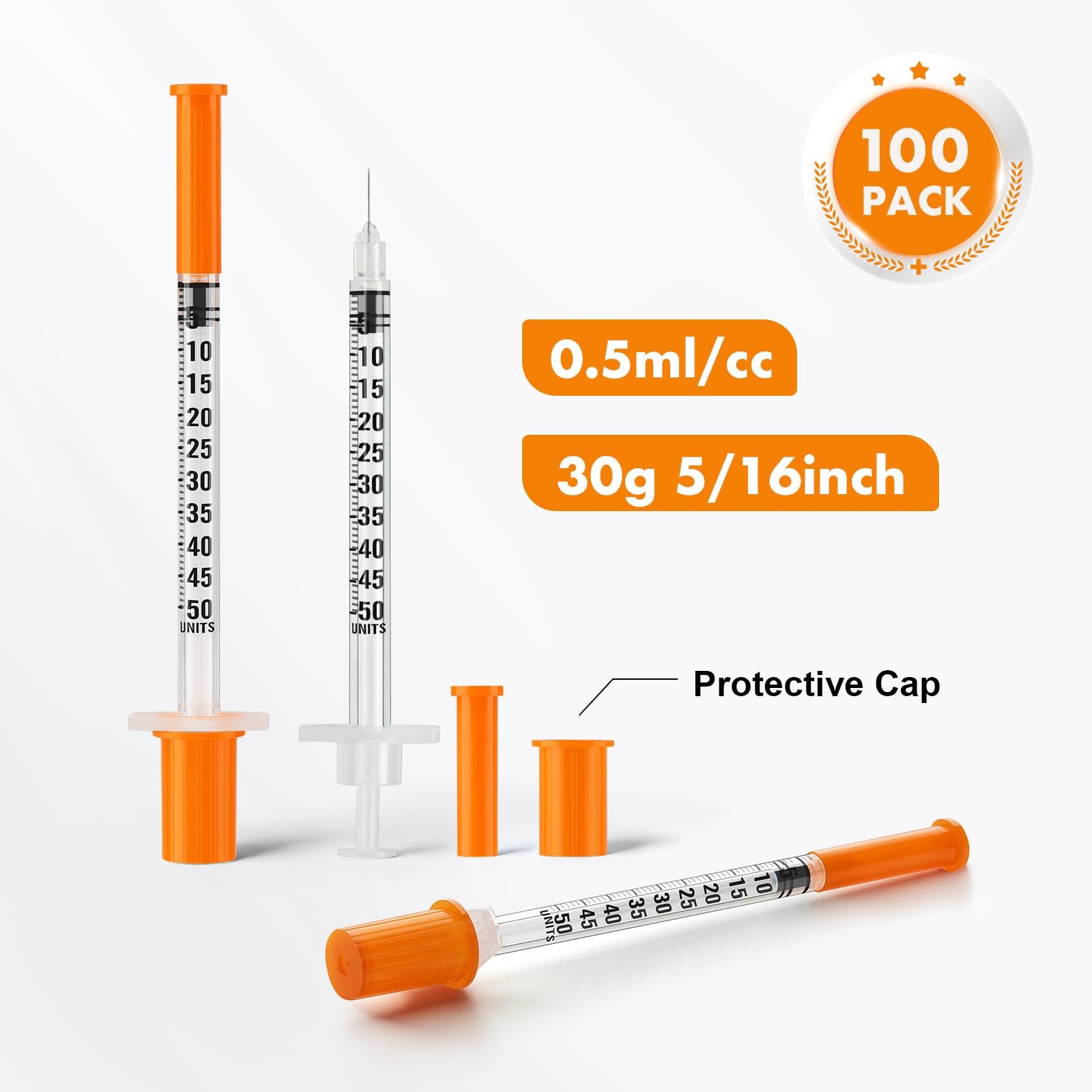 100 Pack 0.5ml/cc 30G 5/16Inch 8mm Syringes, Scientific Lab Syringes, Individual Package — Amazon image 2