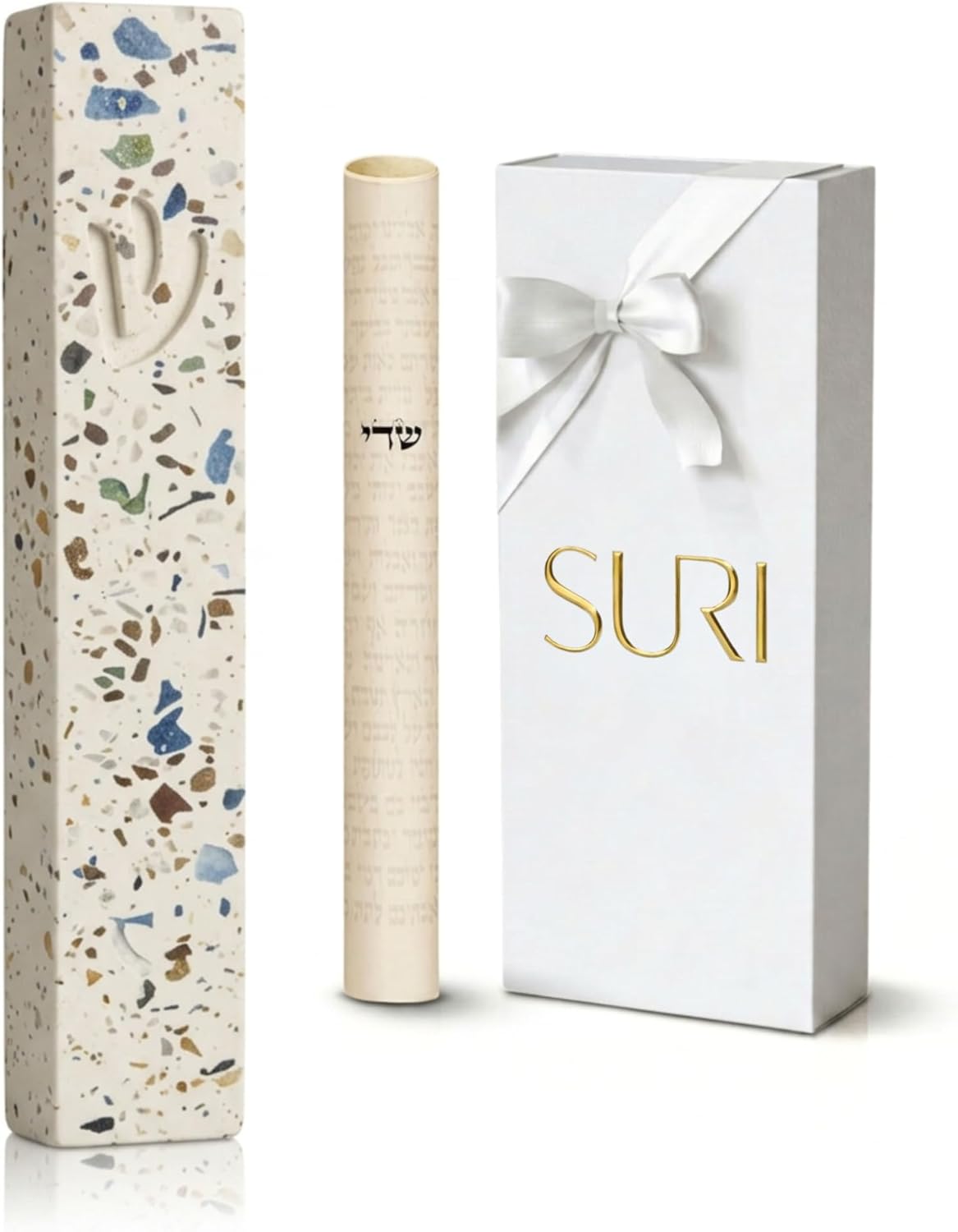 SURI Mezuzah with Printed Scroll for Door – 5 Inch Terrazzo Cream and Turquoise Mezuzah Case, Self-Stick Modern Mezuza Cover, Fits a 4 Inch Scroll, Gift Box Included