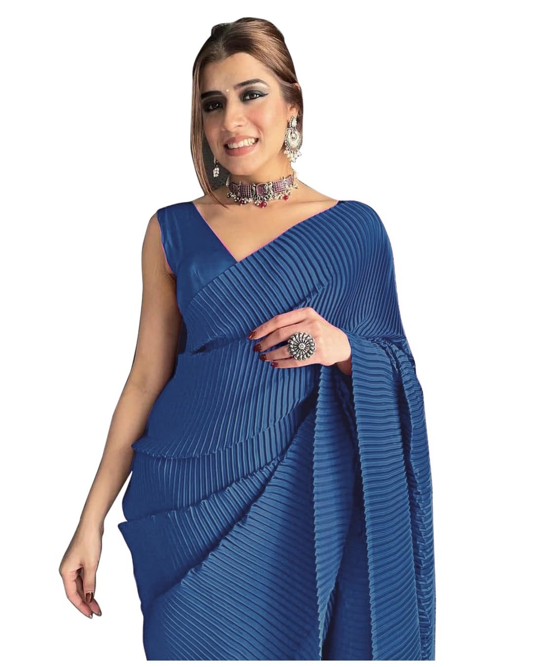 SidhidataWomen's Full Crushed/Pleated Satin Saree With Unstitched Blouse Piece