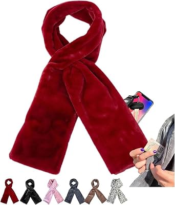 Faux Fur pull Through Scarf with Hidden Zipper Pocket, Fur Neck Collar Scarf Cozy Wrap Secure Concealed Storage