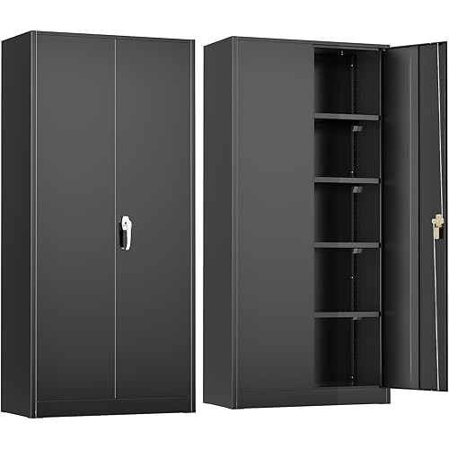 Crownland 72" Lockable Metal Storage Cabinet, Garage Storage Cabinets, High Office Cabinet with Adjustable Shelves for Home Office, Pantry,Garage, File(Balck)