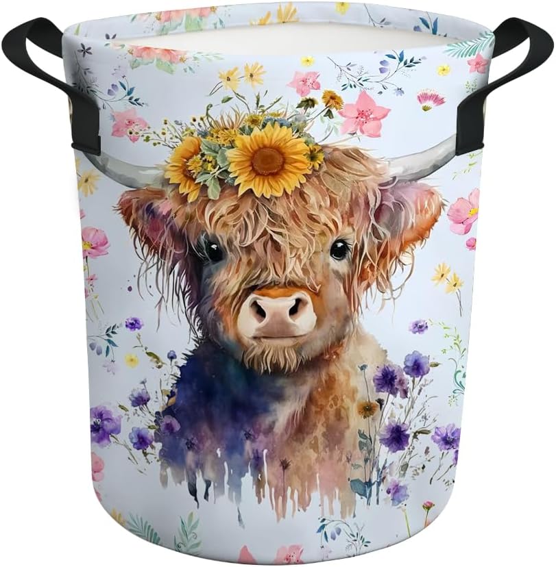 Highland Cow Laundry Basket Gifts for Girls, Girls' Room Decor Baby Nursery Hamper Highland Cow Room Decor 17.7x13.7 Inch Rustic Highland Cow 17.7x13.7Inches