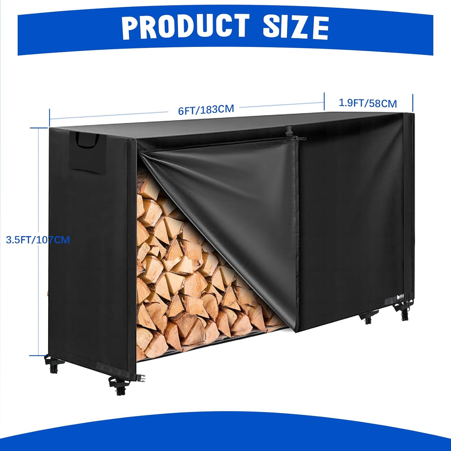 KALINCO 6FT Firewood Rack Cover, Heavy Duty 600D Waterproof Outdoor Firewood Storage Cover with Zipper and Hook Loop Tape (Log Rack not Included)