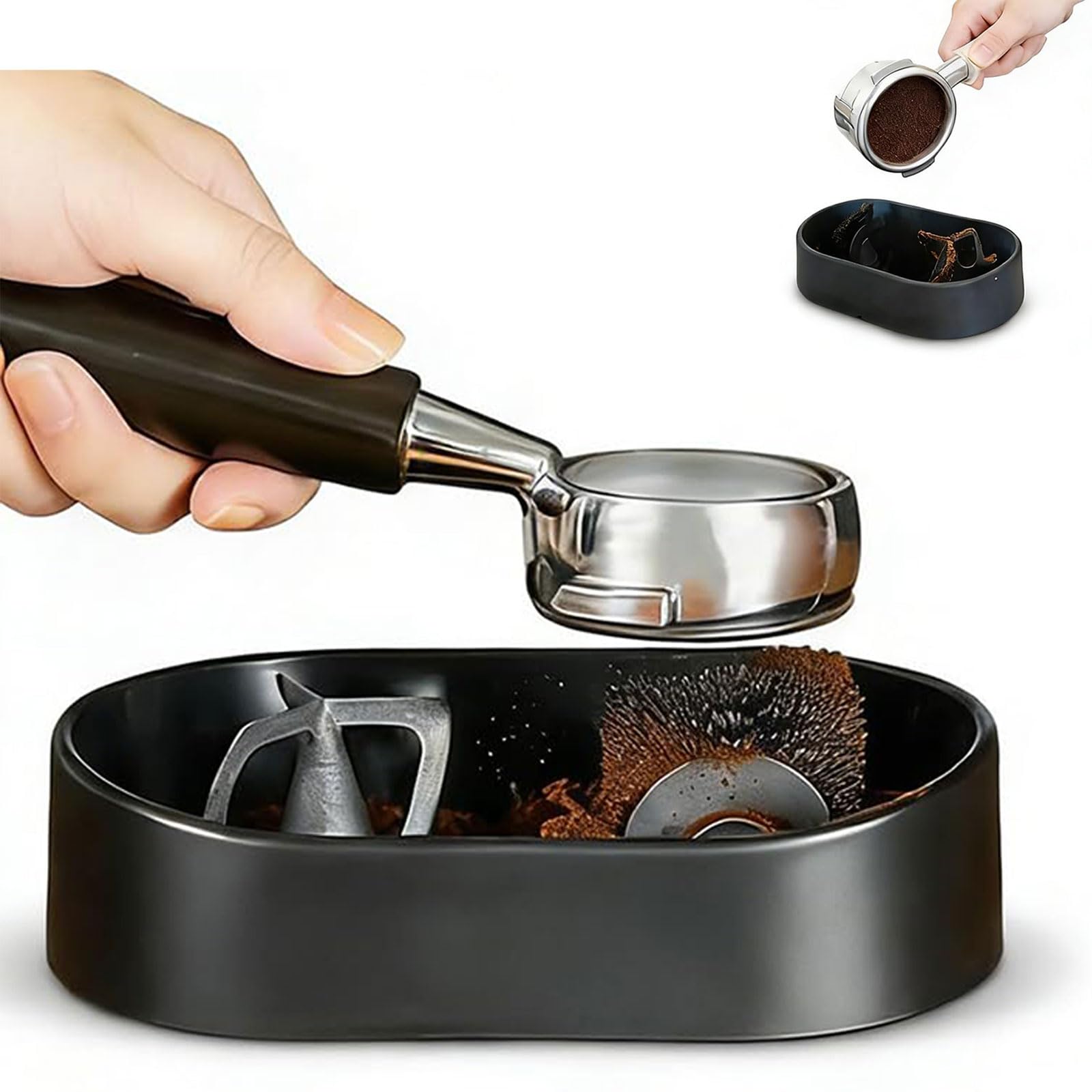 Kit de limpieza de portafiltro de café, limpiador automático de cajas con soporte, cepillo y bandeja de tierra para uso doméstico, cocina y oficina
