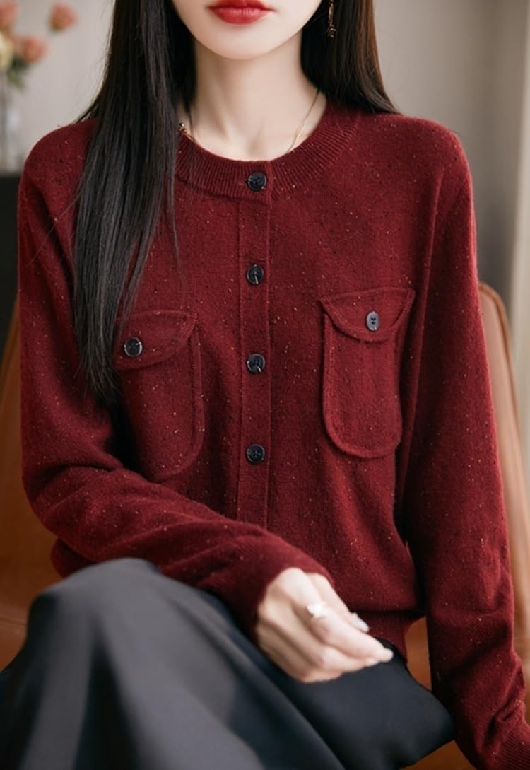 Jersey de Punto de Punto de Cardigan Mezcla Lana de Mujer, Camisa de Cuello Redondo con Cuello Redondo, Jersey de Punto de Manga Larga con Jersey Casual de Bolsillo Otoño Invierno Chic con