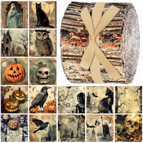 Ganeen 100 Pcs Vintage Halloween Quilting Fabric Roll 2.56 Inch Skull Ghost Jelly Fabric Squares Gothic Pumpkin Black Cat Patchwork Precut Strips Bundles for Holiday Materials Craft DIY Sewing Cloths
