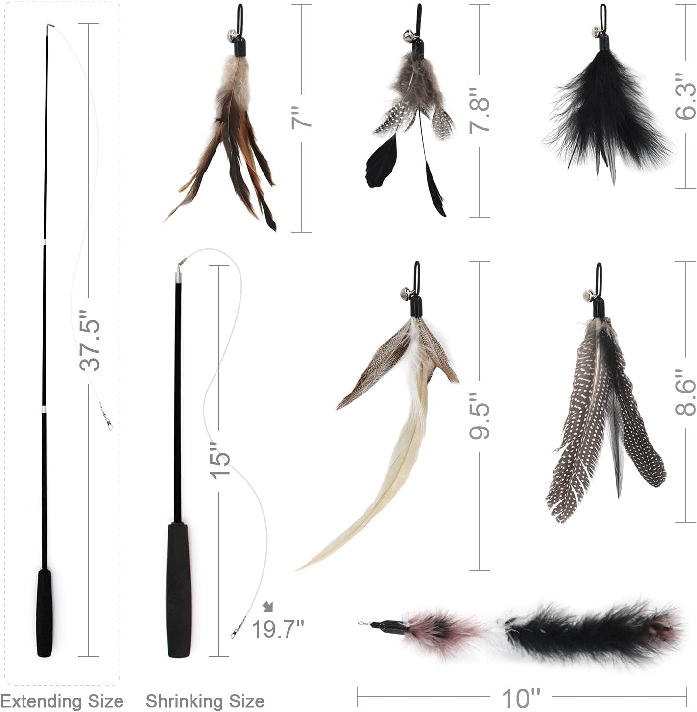 SONGWAY Interactive Cat Feather Toys - 7 Pcs Cat Toy Set, Retractable Cat Wand Toy, Teaser Refills Worm Bird Feathers with Bell, Cat Teaser Toys for Indoor Cats Kitten Play Chase Exercise, Black : Pet Supplies