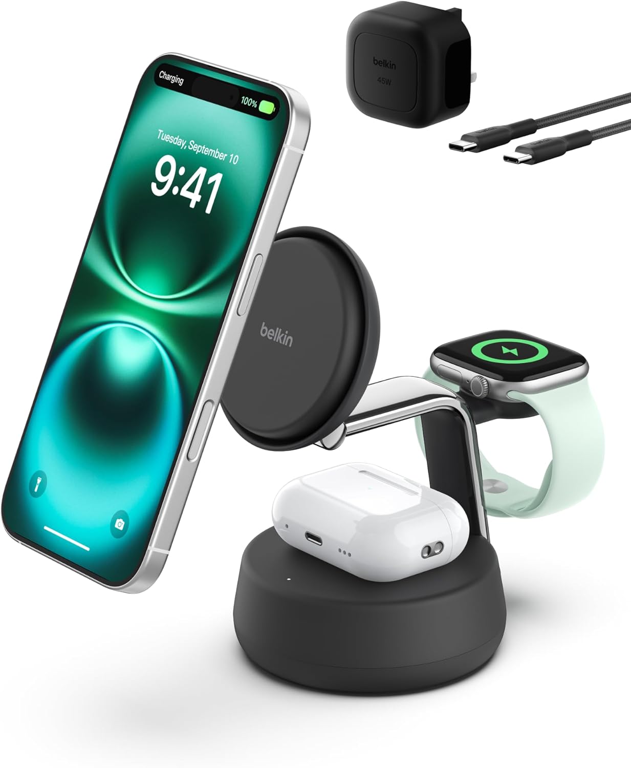 Belkin UltraCharge Pro Wireless Charging Station 25W, 3-in-1 Qi2.2 Certified MagSafe Compatible Charger for iPhone 17, Air, Apple Watch, AirPods, Pixelsnap, with Cooling Fan, 45W Adapter - Black - Amazon product rated Grade F
