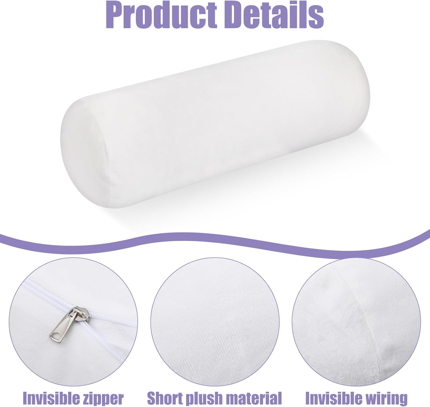 Bremorou Cervical Neck Roll Pillow Cover with Zipper 2pcs Round Pillow Covers, Soft Bolster Pillowcases for Cylindrical Cushion, Neck Roll Pillow Case Only (16.14 X 5.9 Inch, White) - Image 3