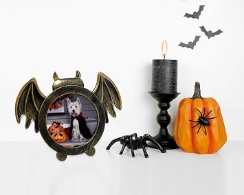 Isaac Jacobs 4x4 Bat-Shaped Picture Frame With Ears And Wings Detail, for Halloween, Photo Tabletop & Wall Mount, Holiday, Home Decor (4x4, Matt Black With Gold)
