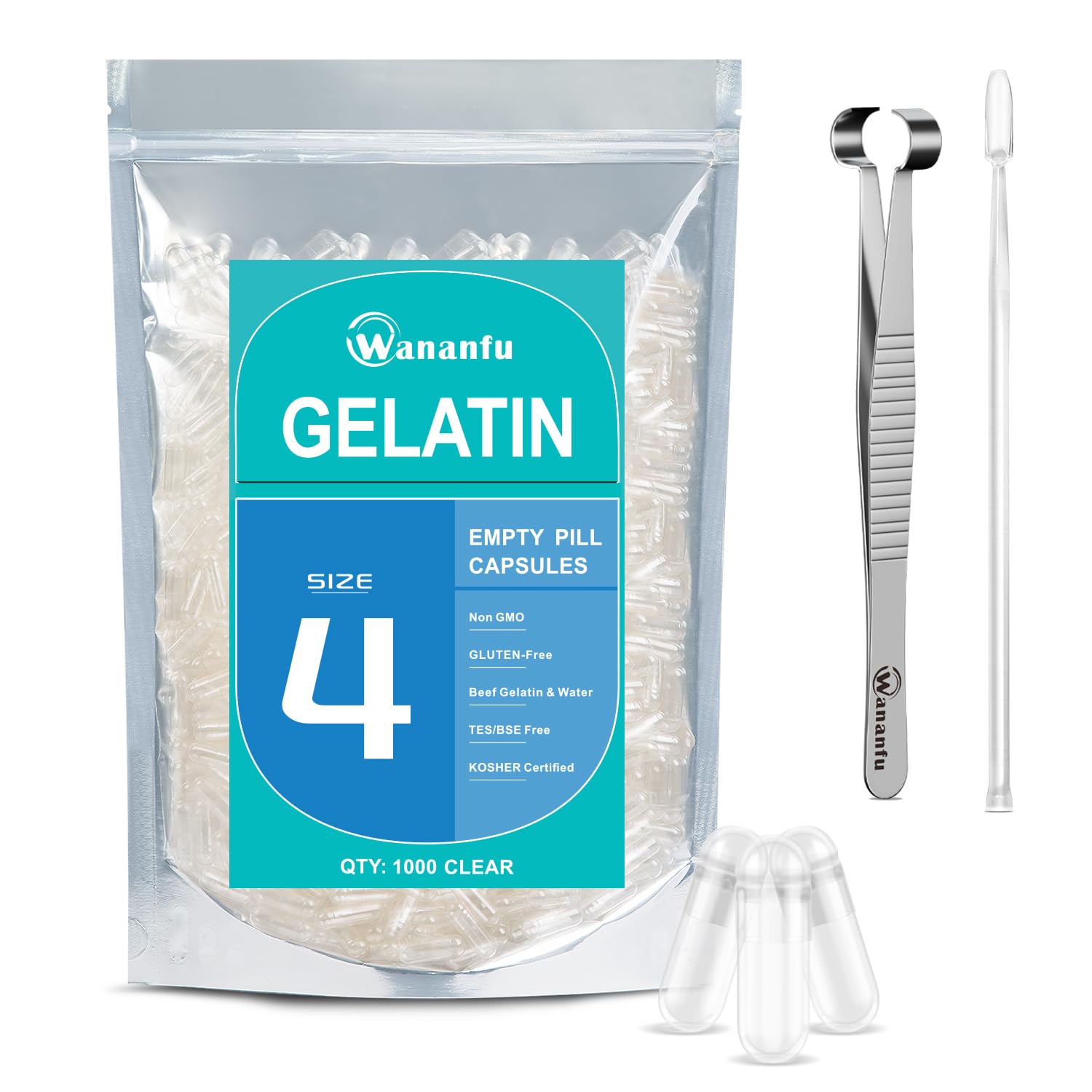 wananfu Size 4 Empty Capsules Gelatin (100 Count) Bundle with Capsule Tweezer and Micro Lab Spoon, Clear Fillable Gel Pill Capsules Size 4 for Making Your Own Supplements — Amazon image 10